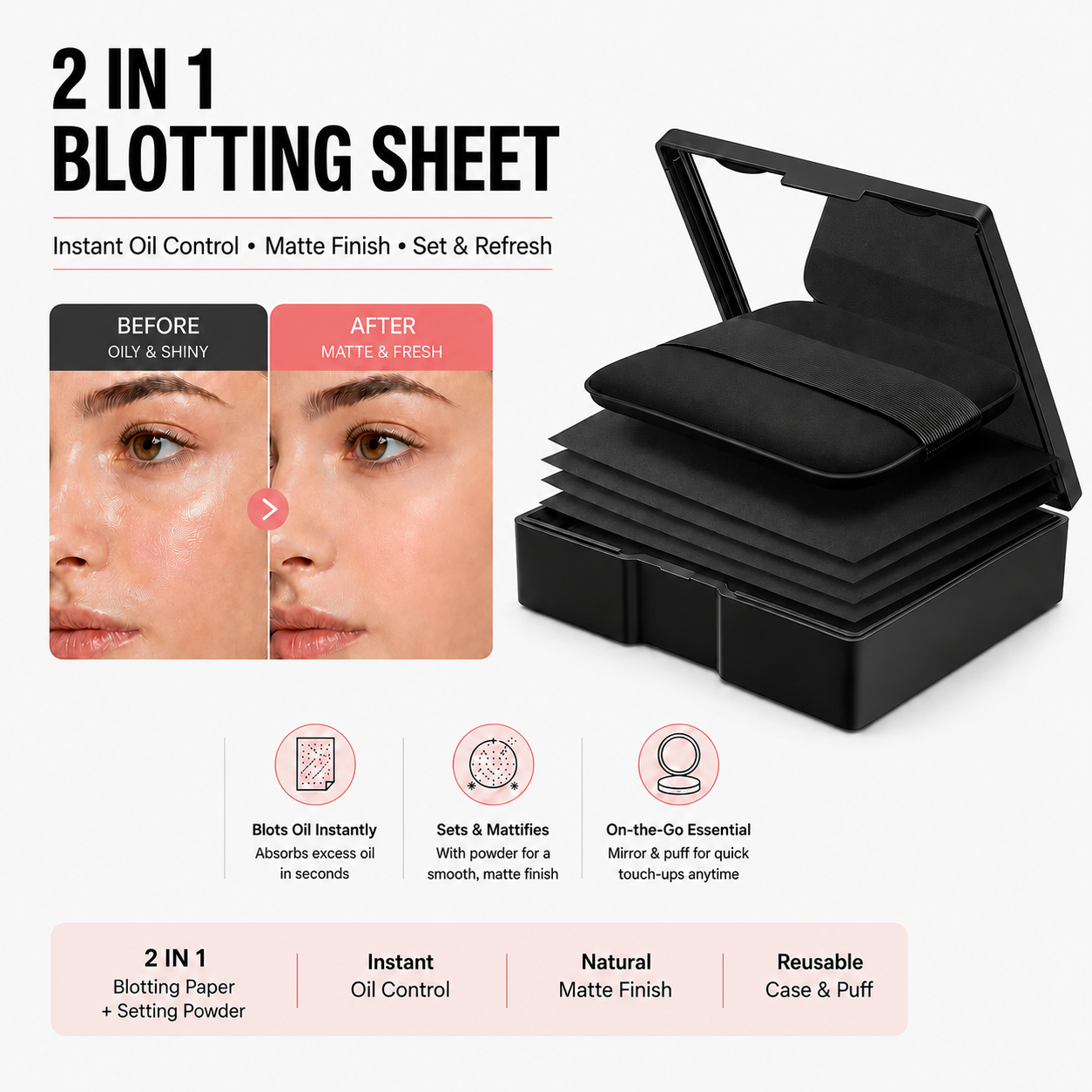 2-in-1 Oil Blotting Compact – Instant Shine Control